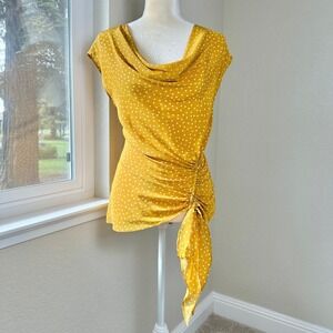 Maeve Anthropologie Polka Dot Top 4 Mustard Cowl Draped Neck Cinched Side Tie